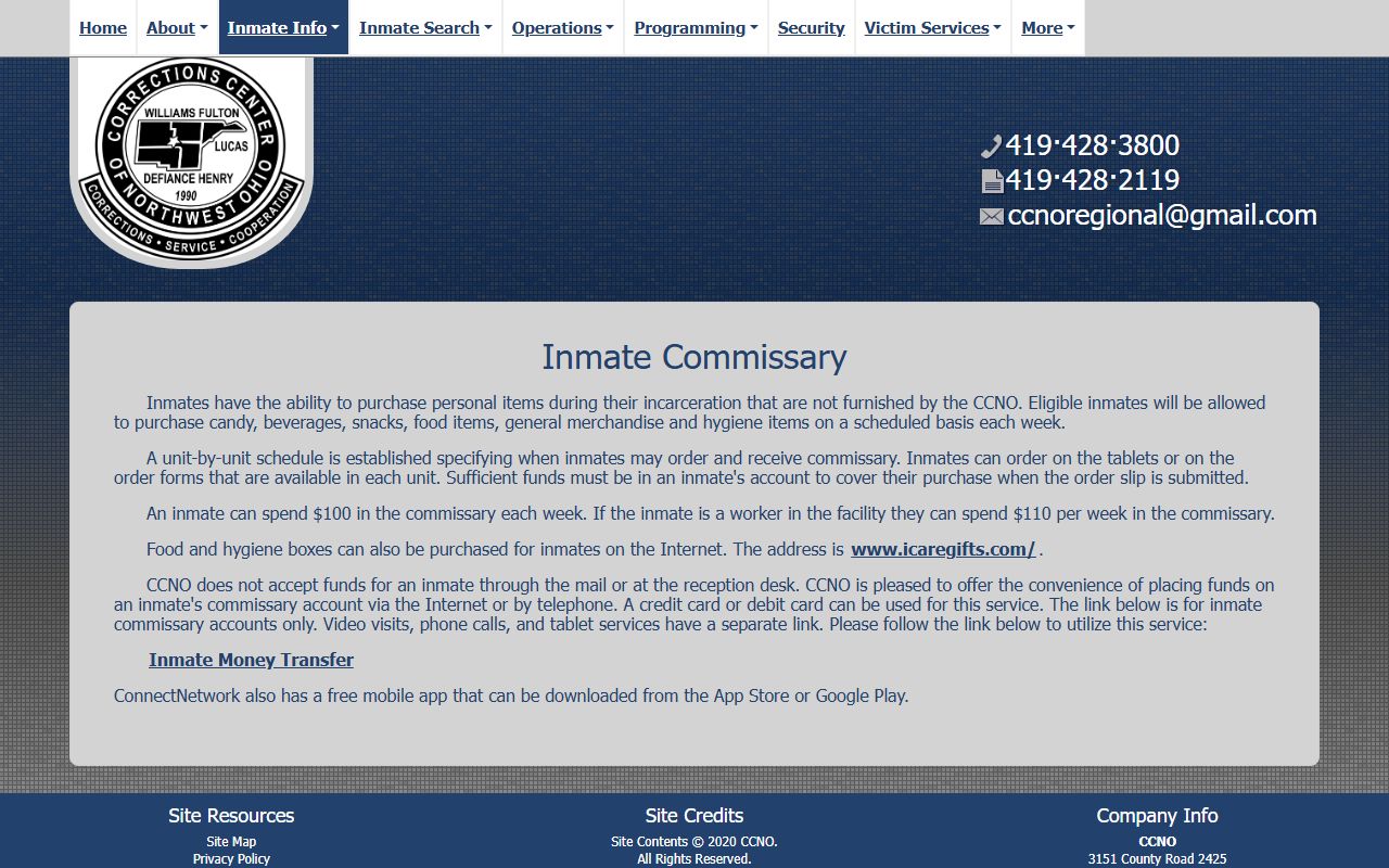 Corrections Center of Northwest Ohio commissary rules for Fulton County inmates