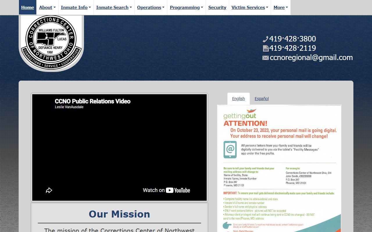 Corrections Center of Northwest Ohio home page for Fulton County inmate population