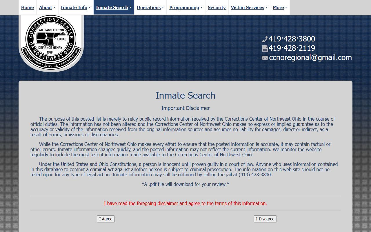 CCNO inmate search disclaimer for Fulton County jail roster lookup