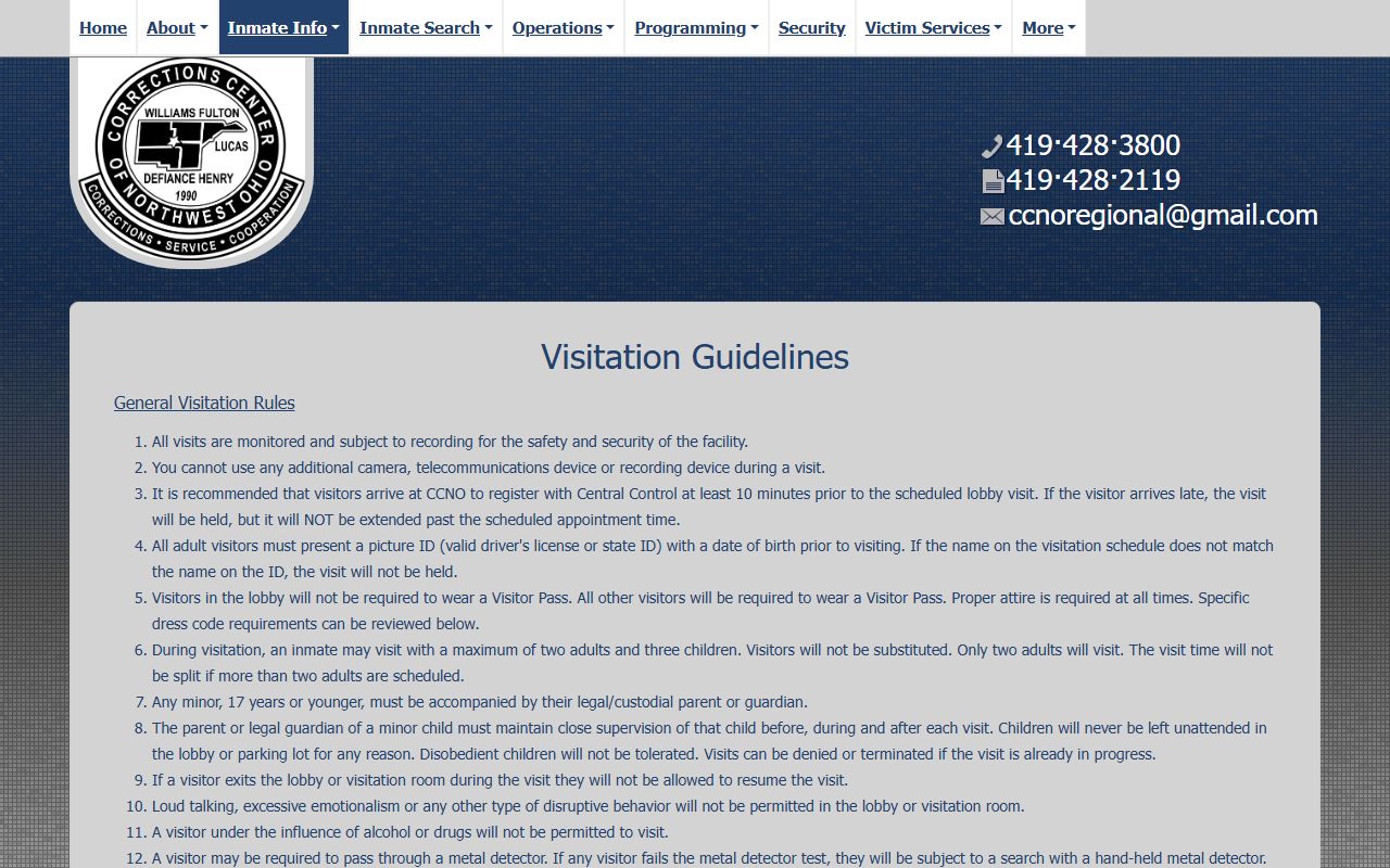 Corrections Center of Northwest Ohio visitation rules for Fulton County inmates