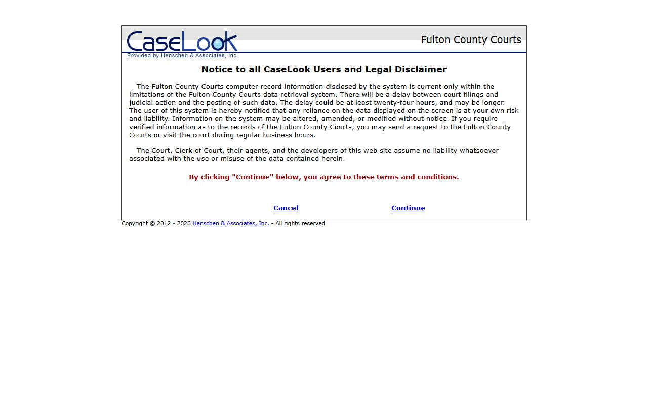 Fulton County CaseLook disclaimer for court records after arrest